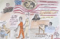 [ai] An illustration depicting a courtroom scene with an American flag and a seal of the Department of Justice. It includes a judge in robes, a respondent shuffling into the court, and lawyers. Text notes describe the scene and context of immigration court.
